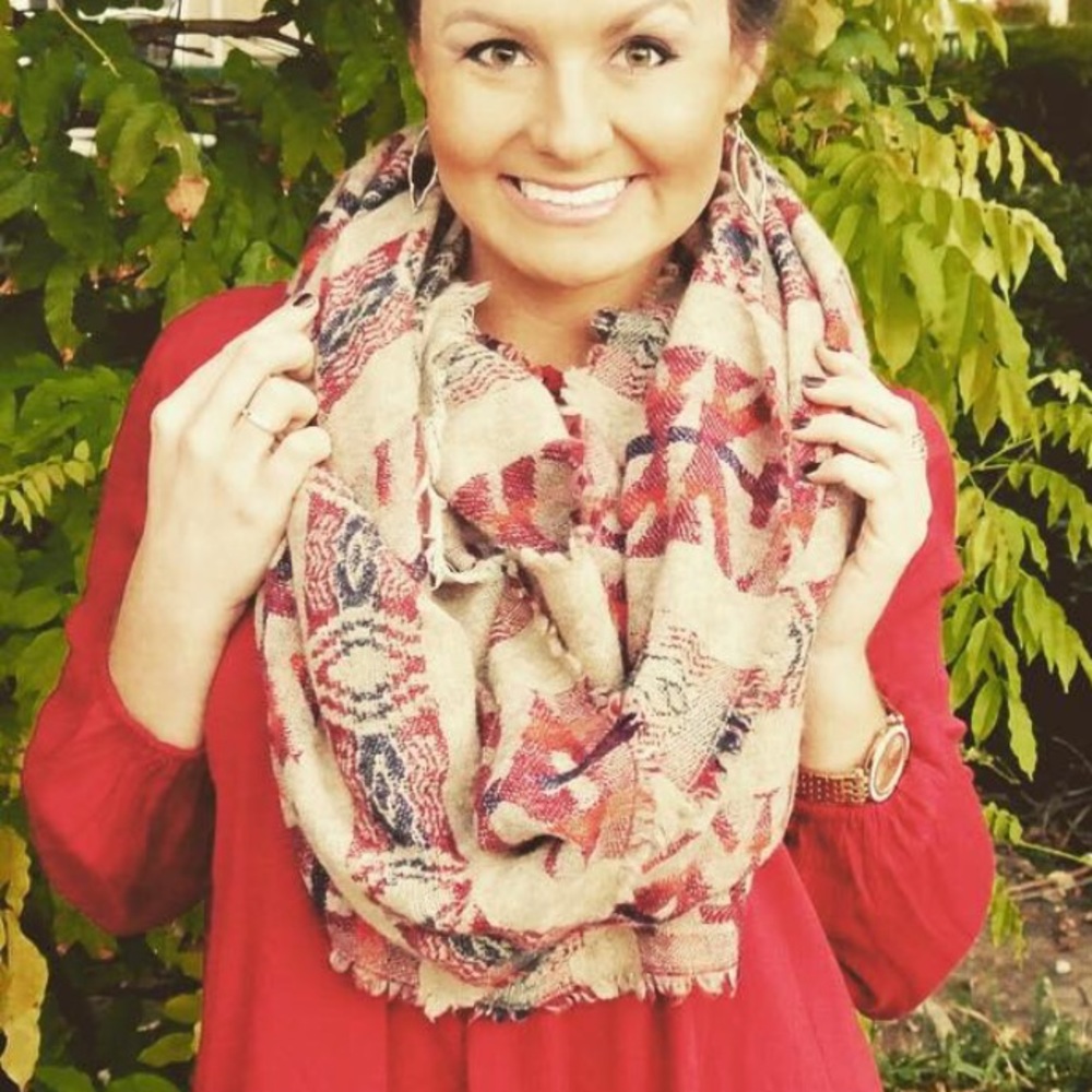Tasha Polizzi Red and Beige Patterned Scarf